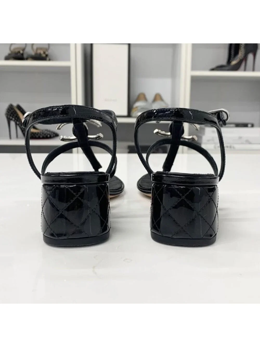 Chanel CC Logo Camellia Patent Strap Thong Sandals Black
